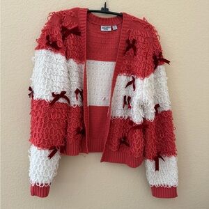 Mighty Fine Red & White Loop-Trim Open Cardigan